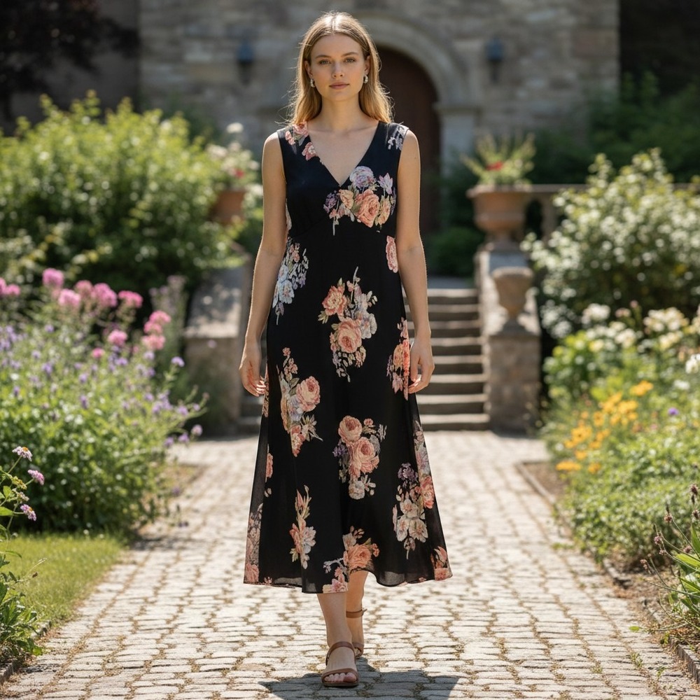 Lauren Ralph Lauren Black Floral 100% Silk Midi Dress Empire Waist V-Neck 10